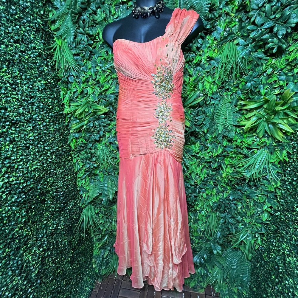 MAY QUEEN Dress Women 12 Orange Formal‎ Mermaid Layered Hem Pleated Stoned 1650